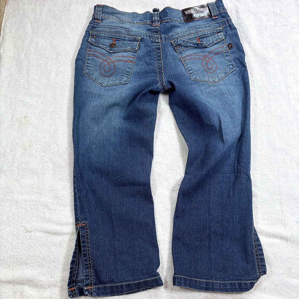 y2k Vezucci capris Jeans Blue Embroidered Cropped Side Slit Denim 6